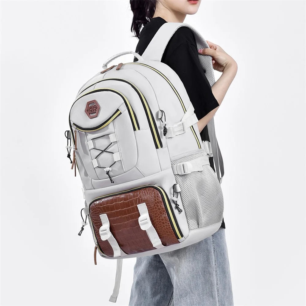 WEIXIER B713 Crocodile Texture Patchwork Women Backpack Large Capacity Rucksack for Travel Hiking - White - 2