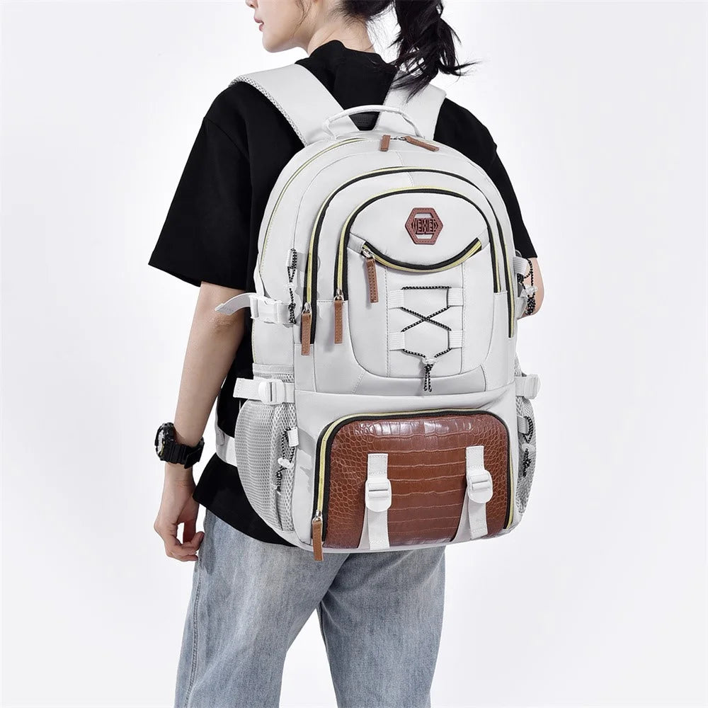 WEIXIER B713 Crocodile Texture Patchwork Women Backpack Large Capacity Rucksack for Travel Hiking - White - 3