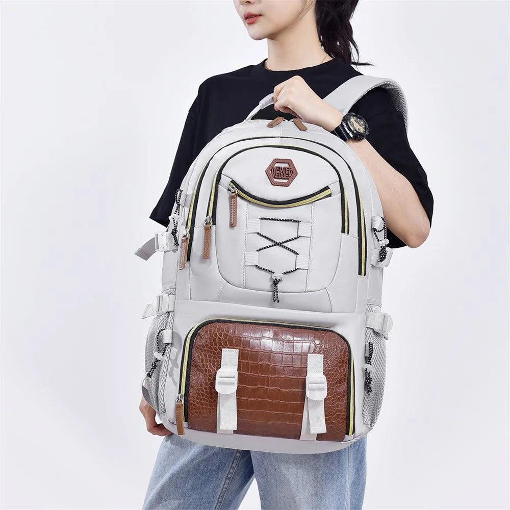 WEIXIER B713 Crocodile Texture Patchwork Women Backpack Large Capacity Rucksack for Travel Hiking - White - 4