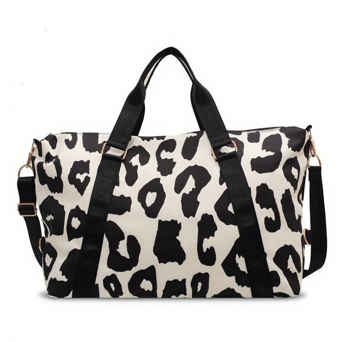 35L Large Capacity Carry On Gym Bag Fashion Leopard Print Oxford Fabric Travel Duffel Bag with Shoulder Strap - Black - 1