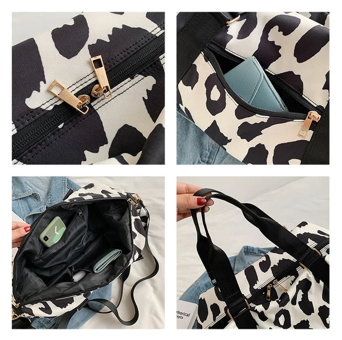 35L Large Capacity Carry On Gym Bag Fashion Leopard Print Oxford Fabric Travel Duffel Bag with Shoulder Strap - Black - 3