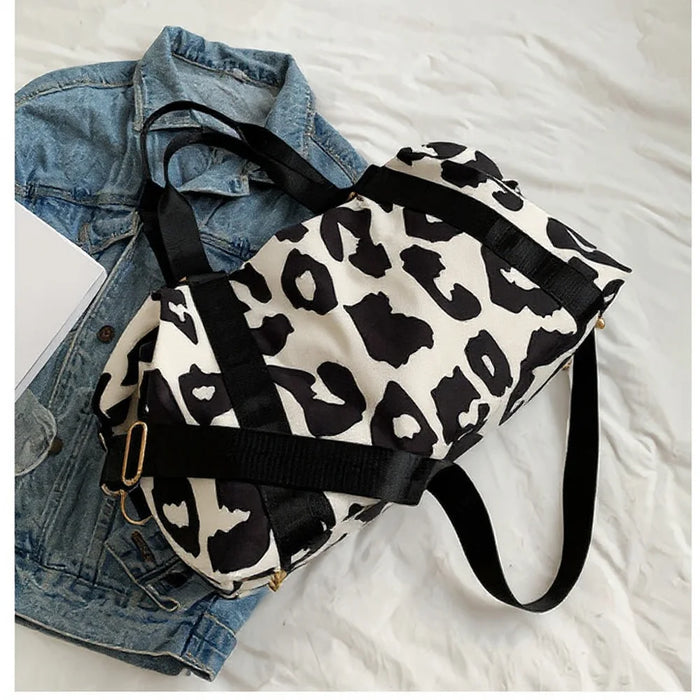 35L Large Capacity Carry On Gym Bag Fashion Leopard Print Oxford Fabric Travel Duffel Bag with Shoulder Strap - Black - 4