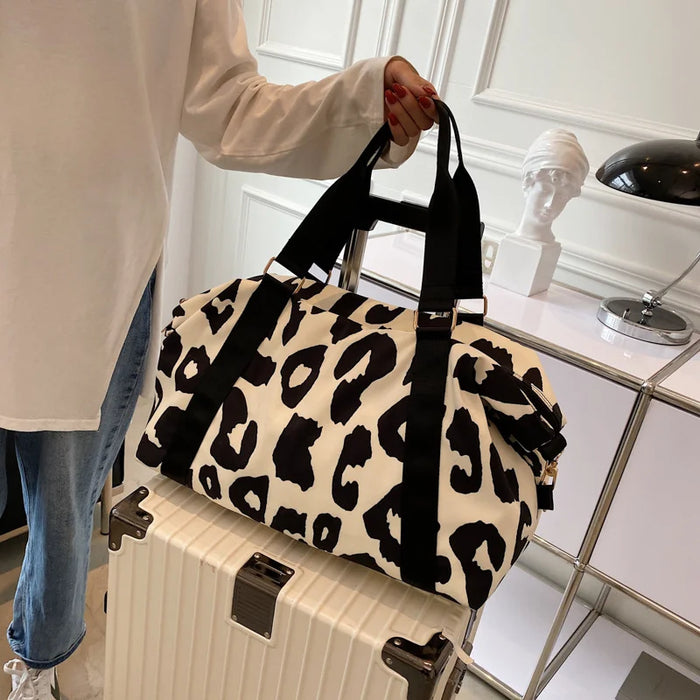 35L Large Capacity Carry On Gym Bag Fashion Leopard Print Oxford Fabric Travel Duffel Bag with Shoulder Strap - Black - 6