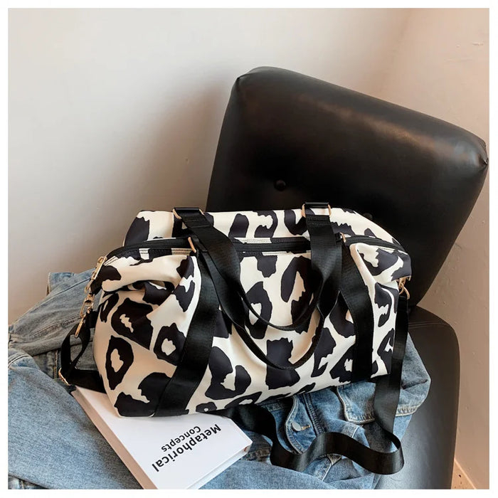 35L Large Capacity Carry On Gym Bag Fashion Leopard Print Oxford Fabric Travel Duffel Bag with Shoulder Strap - Black - 7