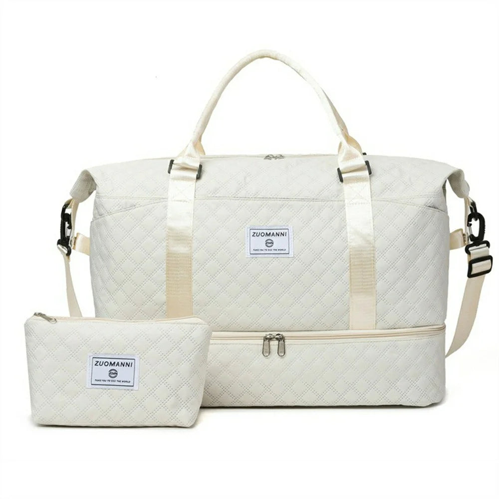 ZUOMANNI 2Pcs Women Short Trip Luggage Tote Oxford Fabric Multifunctional Carry On Travel Bag Set - White - 1