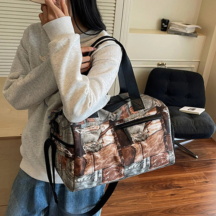 Large Capacity Travel Bag 20-35L Geometric Pattern Lightweight Tote Polyester Crossbody Handbag Shoulder Bag - Gray - 2