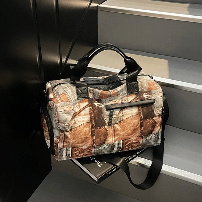 Large Capacity Travel Bag 20-35L Geometric Pattern Lightweight Tote Polyester Crossbody Handbag Shoulder Bag - Gray - 3