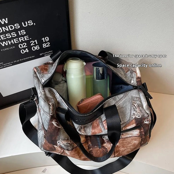 Large Capacity Travel Bag 20-35L Geometric Pattern Lightweight Tote Polyester Crossbody Handbag Shoulder Bag - Gray - 4