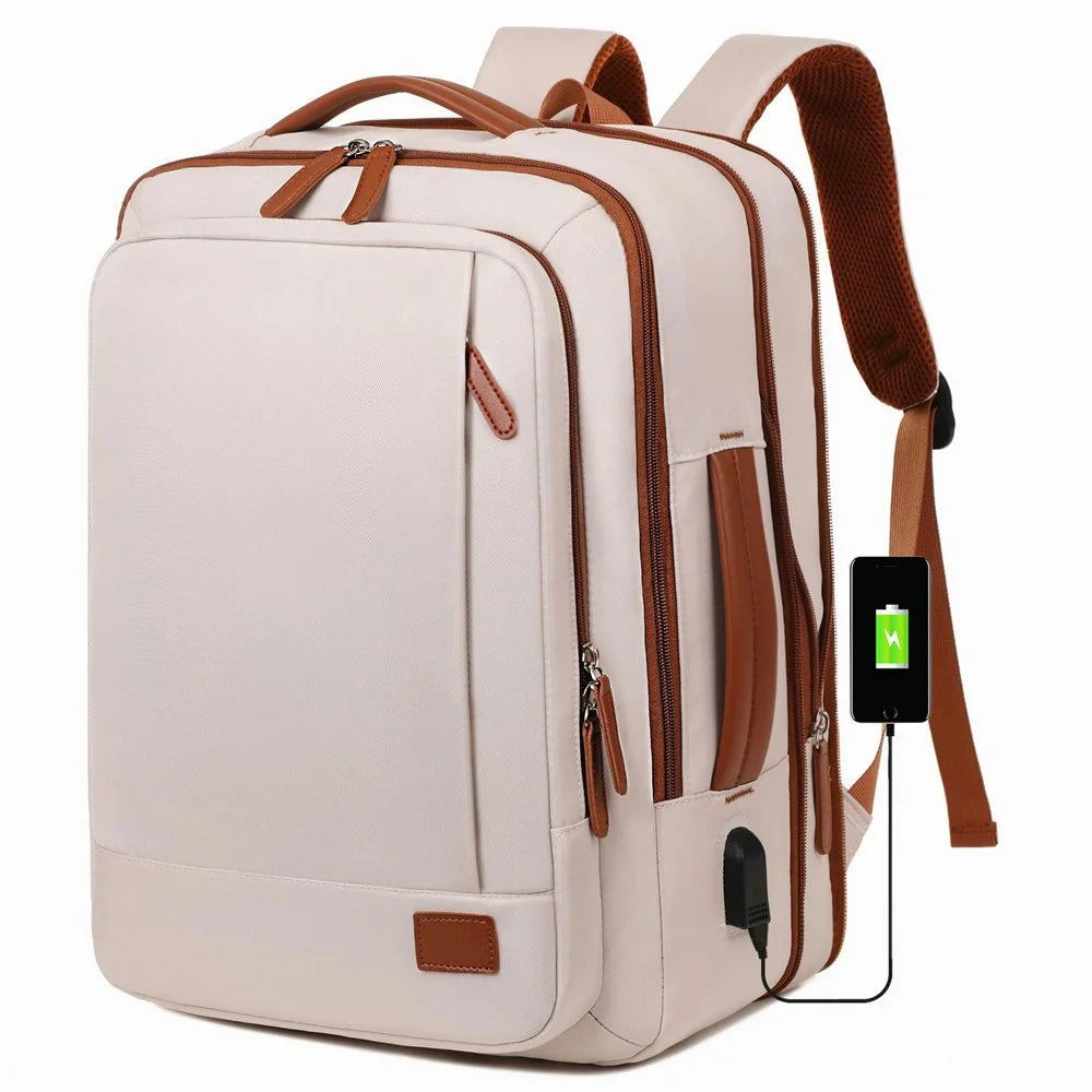 Expandable Backpack Waterproof Oxford Fabric Travel Business Laptop Bag with External USB Port - Beige - 1