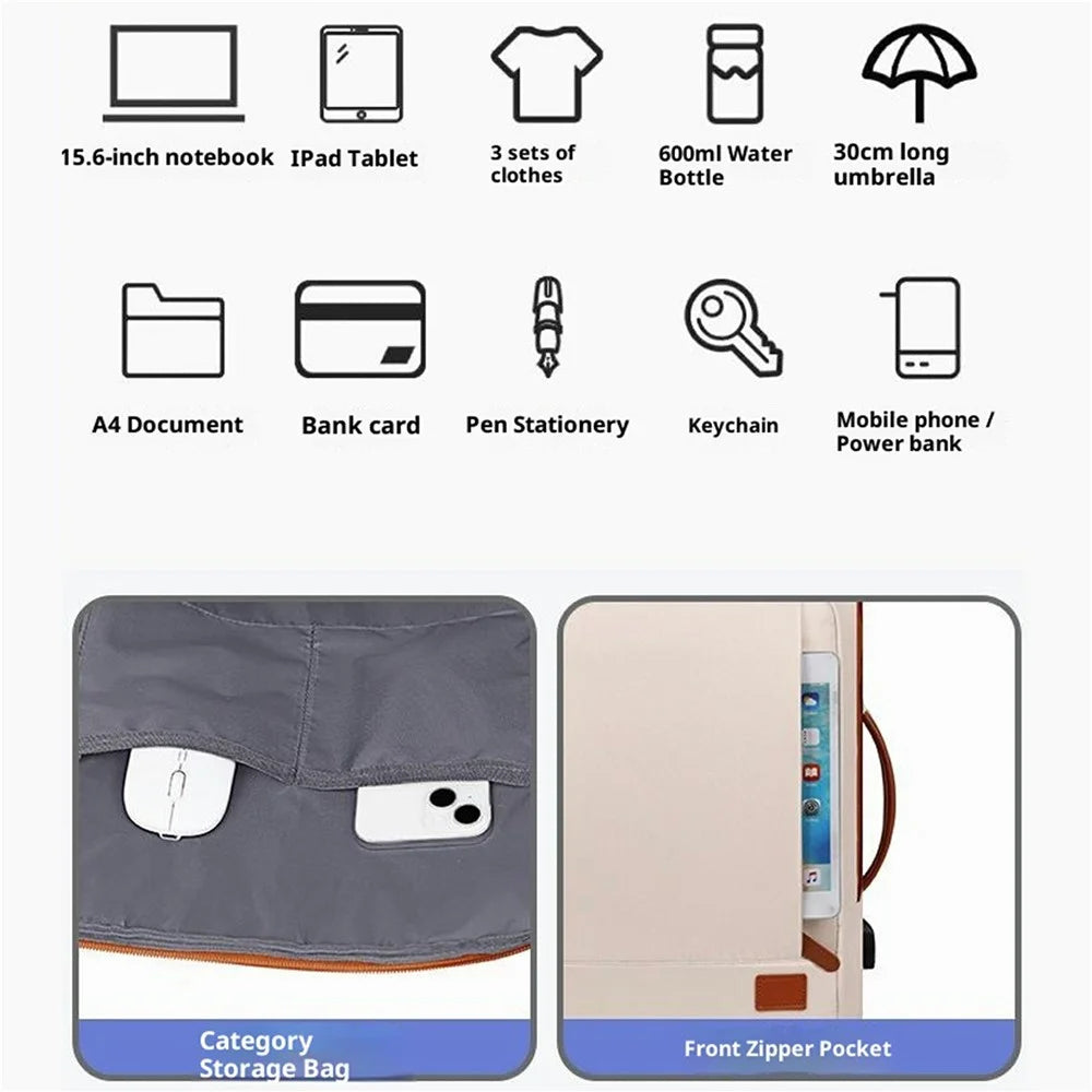 Expandable Backpack Waterproof Oxford Fabric Travel Business Laptop Bag with External USB Port - Beige - 2