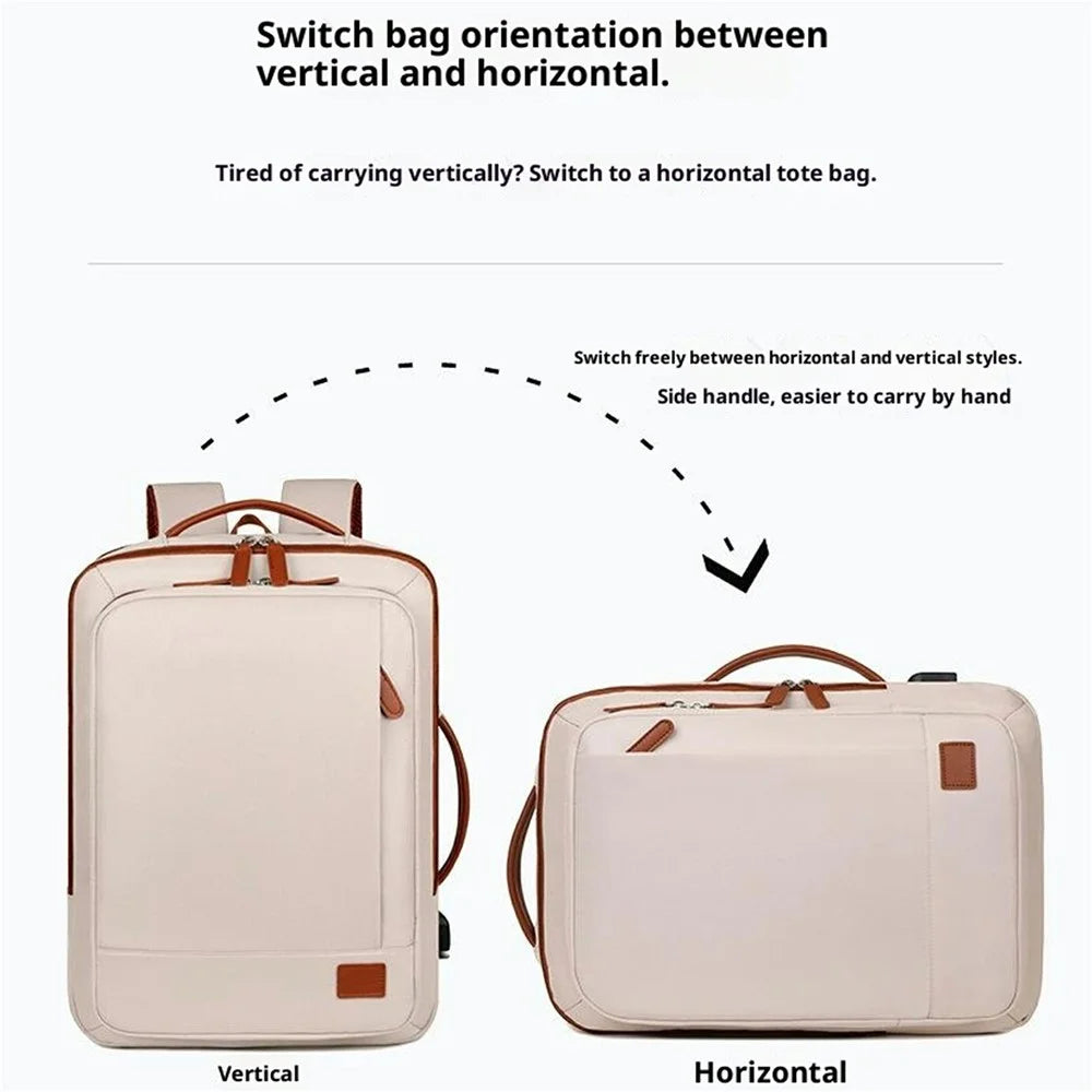 Expandable Backpack Waterproof Oxford Fabric Travel Business Laptop Bag with External USB Port - Beige - 3