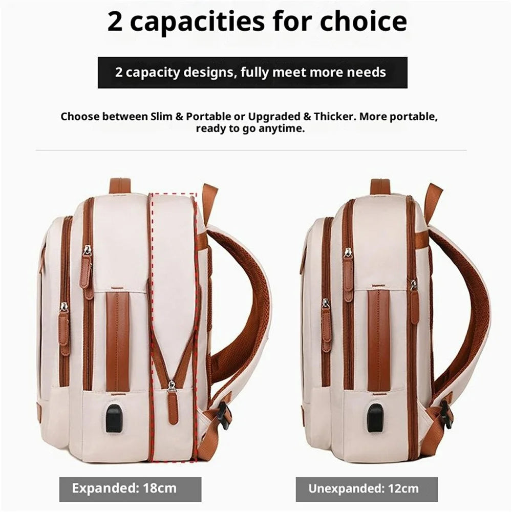 Expandable Backpack Waterproof Oxford Fabric Travel Business Laptop Bag with External USB Port - Beige - 4
