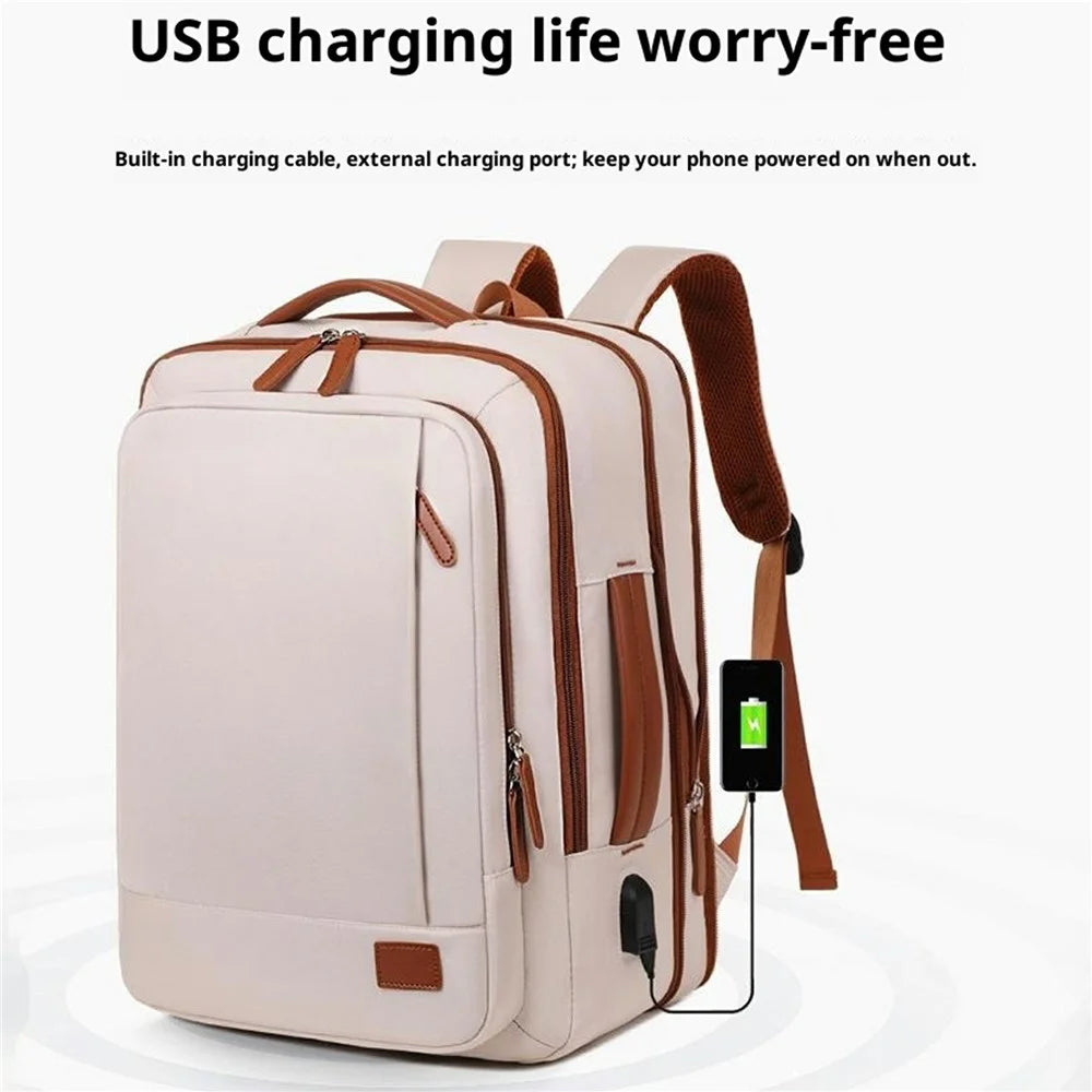Expandable Backpack Waterproof Oxford Fabric Travel Business Laptop Bag with External USB Port - Beige - 5