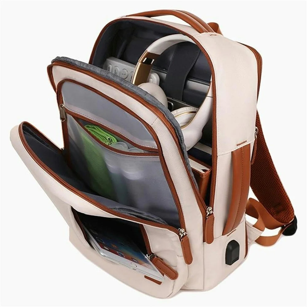Expandable Backpack Waterproof Oxford Fabric Travel Business Laptop Bag with External USB Port - Beige - 6