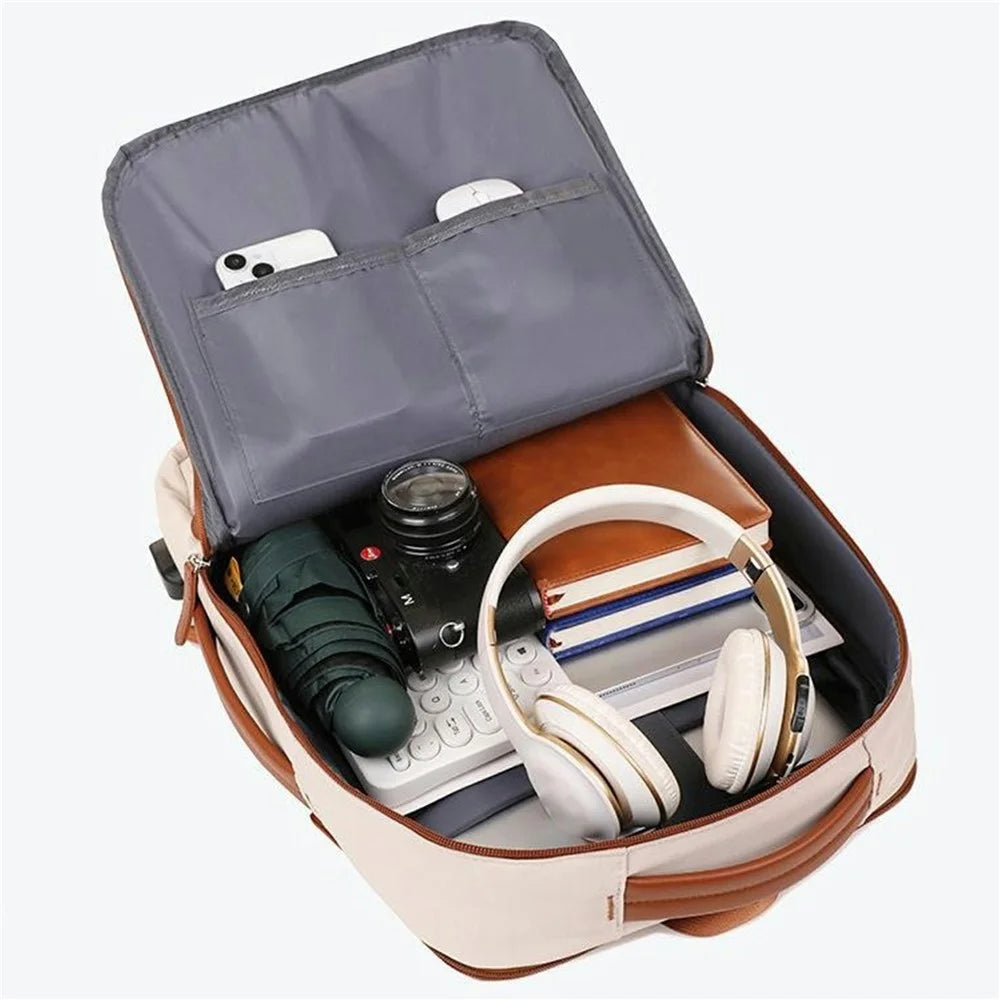 Expandable Backpack Waterproof Oxford Fabric Travel Business Laptop Bag with External USB Port - Beige - 7