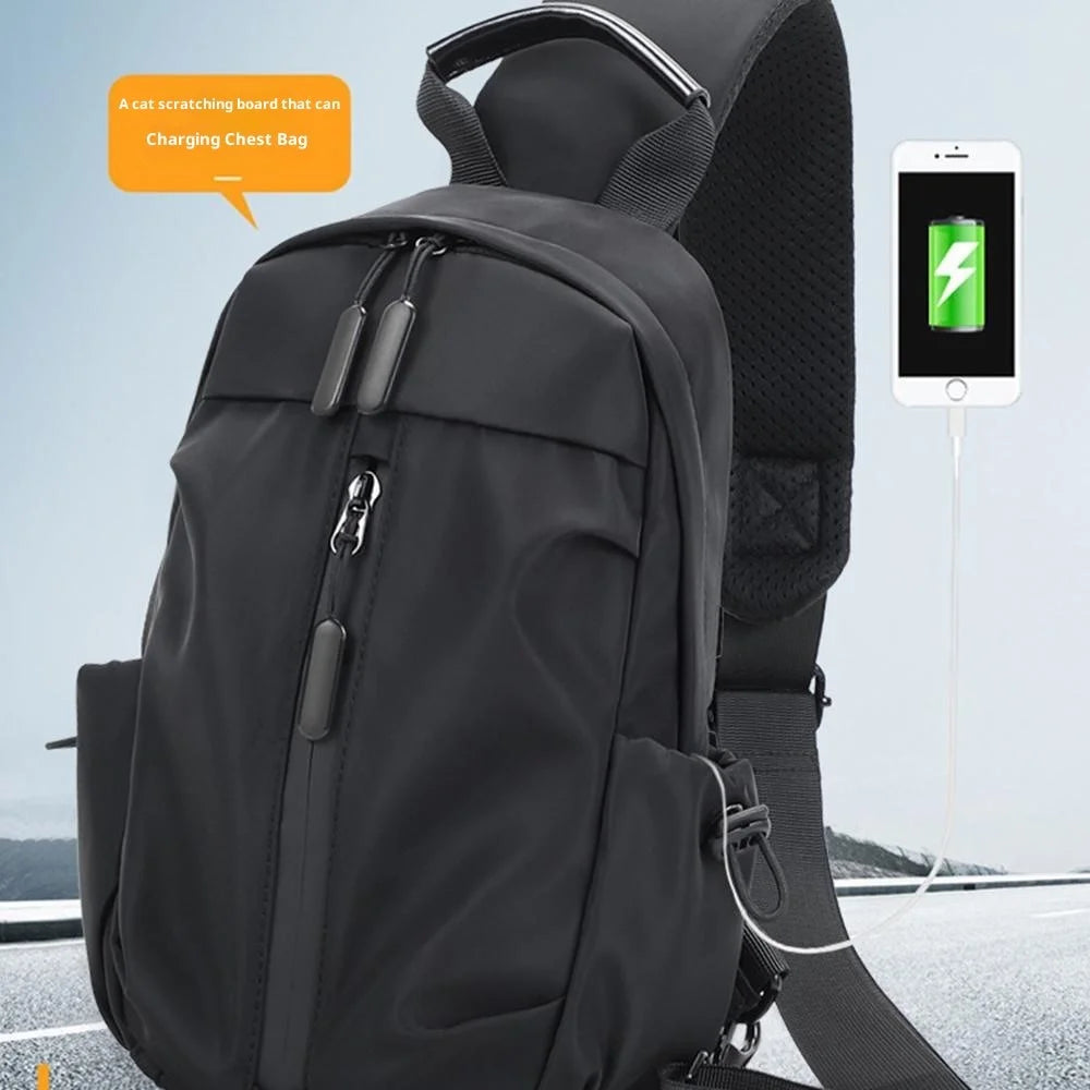 LH414# Men's Crossbody Bag Business Travel Shoulder Bag Nylon Waterproof with Charging Port - Black - 3