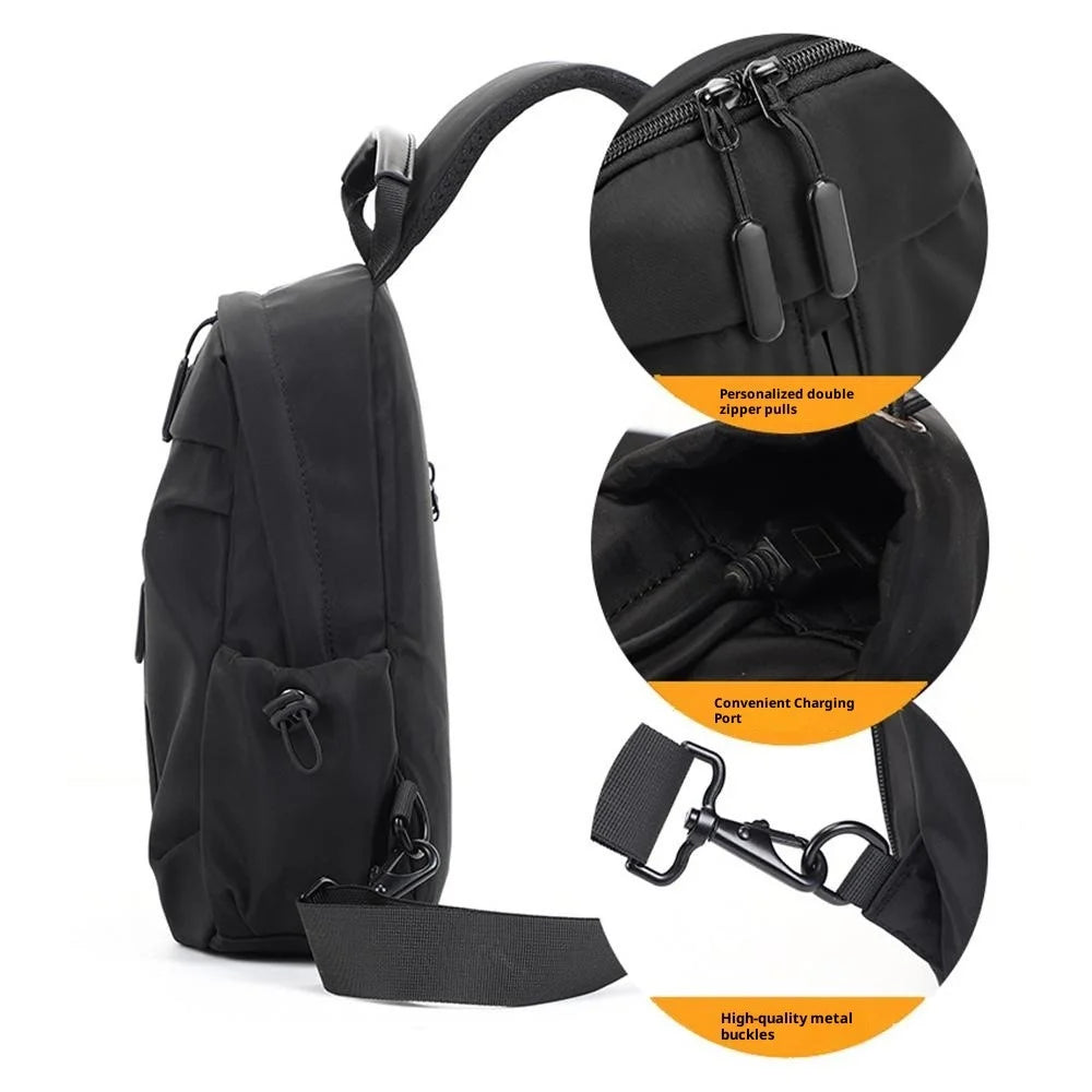 LH414# Men's Crossbody Bag Business Travel Shoulder Bag Nylon Waterproof with Charging Port - Black - 6