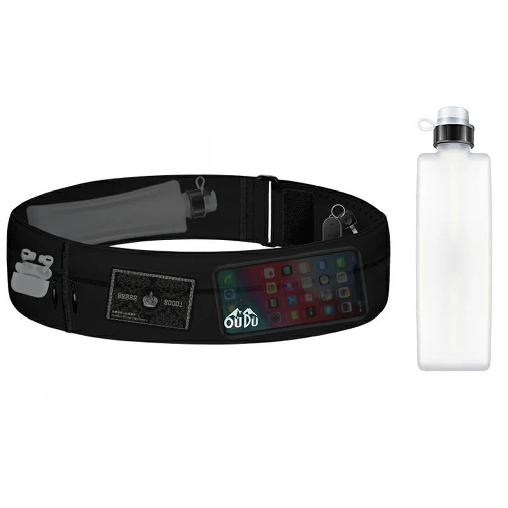 OUDO Thin Invisible Waist Belt Running Fanny Pack with 330ml Water Bottle - for Waist 60cm - 85cm  /  Black (BPA-Free, No FDA) - 1