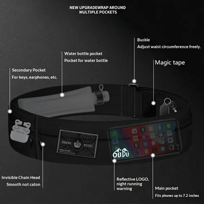 OUDO Slim Invisible Running Belt Breathable Waist Pack with Reflective Strips - for Waist 60cm - 85cm  /  Black - 4