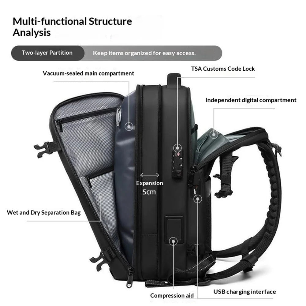 7708 Large Capacity Travel Backpack Built-in Vacuum Compressor Waterproof Business Bag with TSA Lock - Black - 5