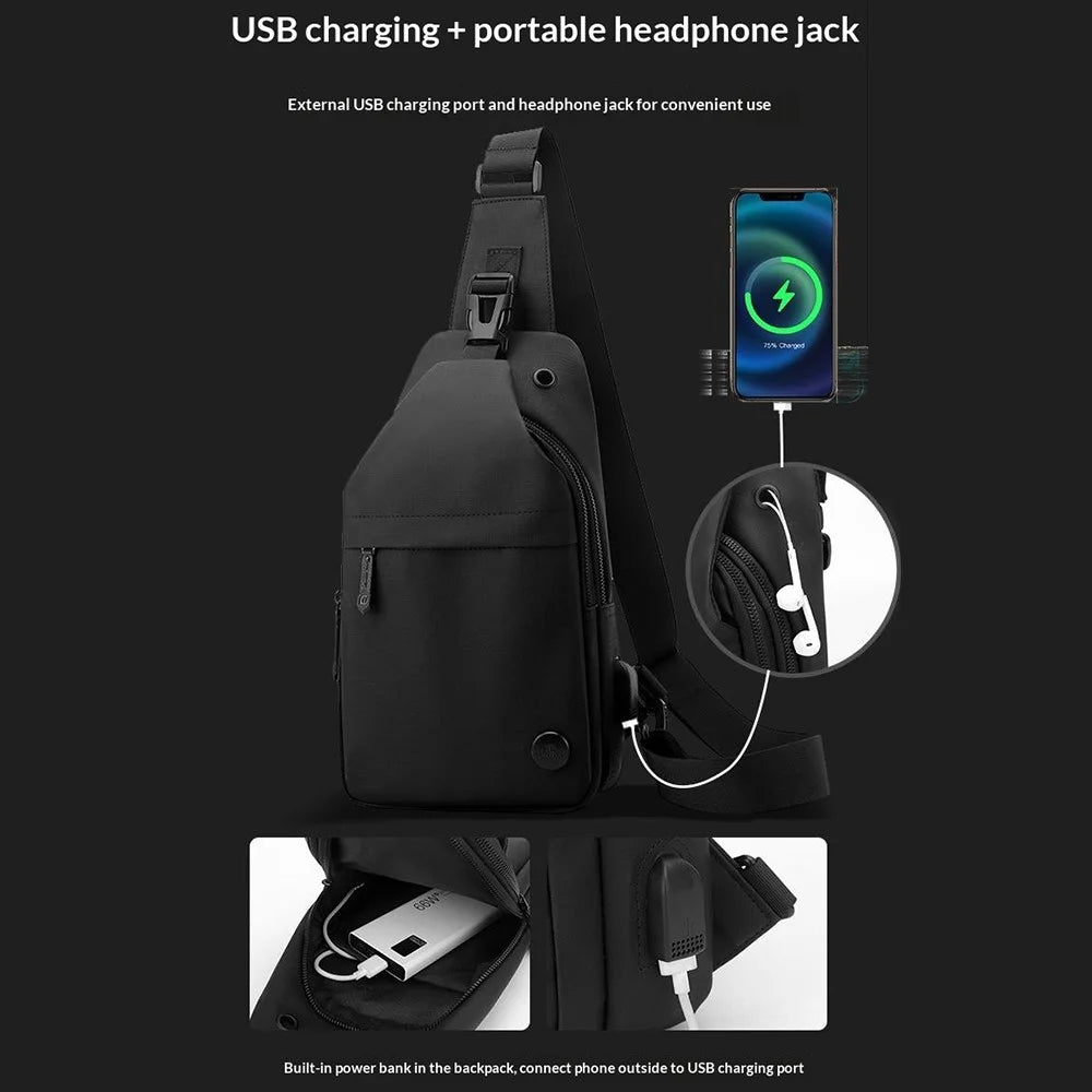 WEPOWER 1323# Lightweight Men Chest Pack Waterproof Single Shoulder Bag with USB Charging Port and Headphone Jack Large Capacity Crossbody Bag - Black - 2