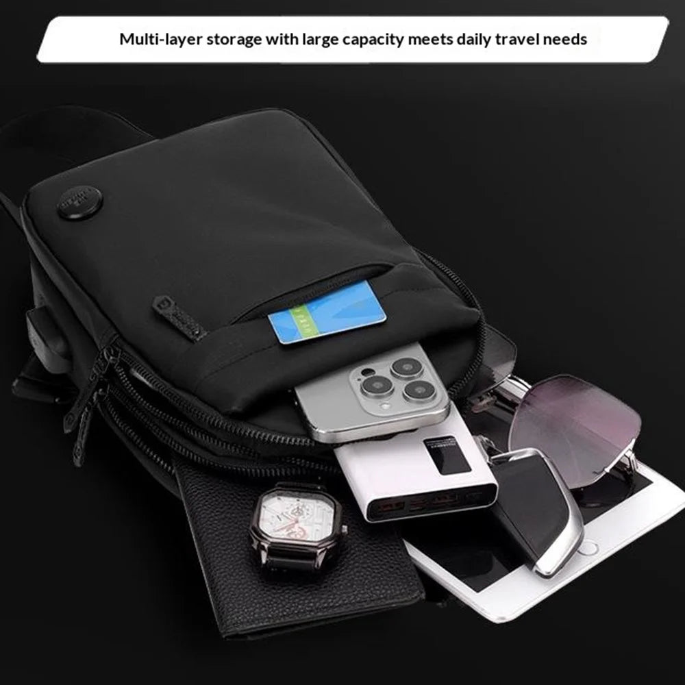 WEPOWER 1323# Lightweight Men Chest Pack Waterproof Single Shoulder Bag with USB Charging Port and Headphone Jack Large Capacity Crossbody Bag - Black - 3