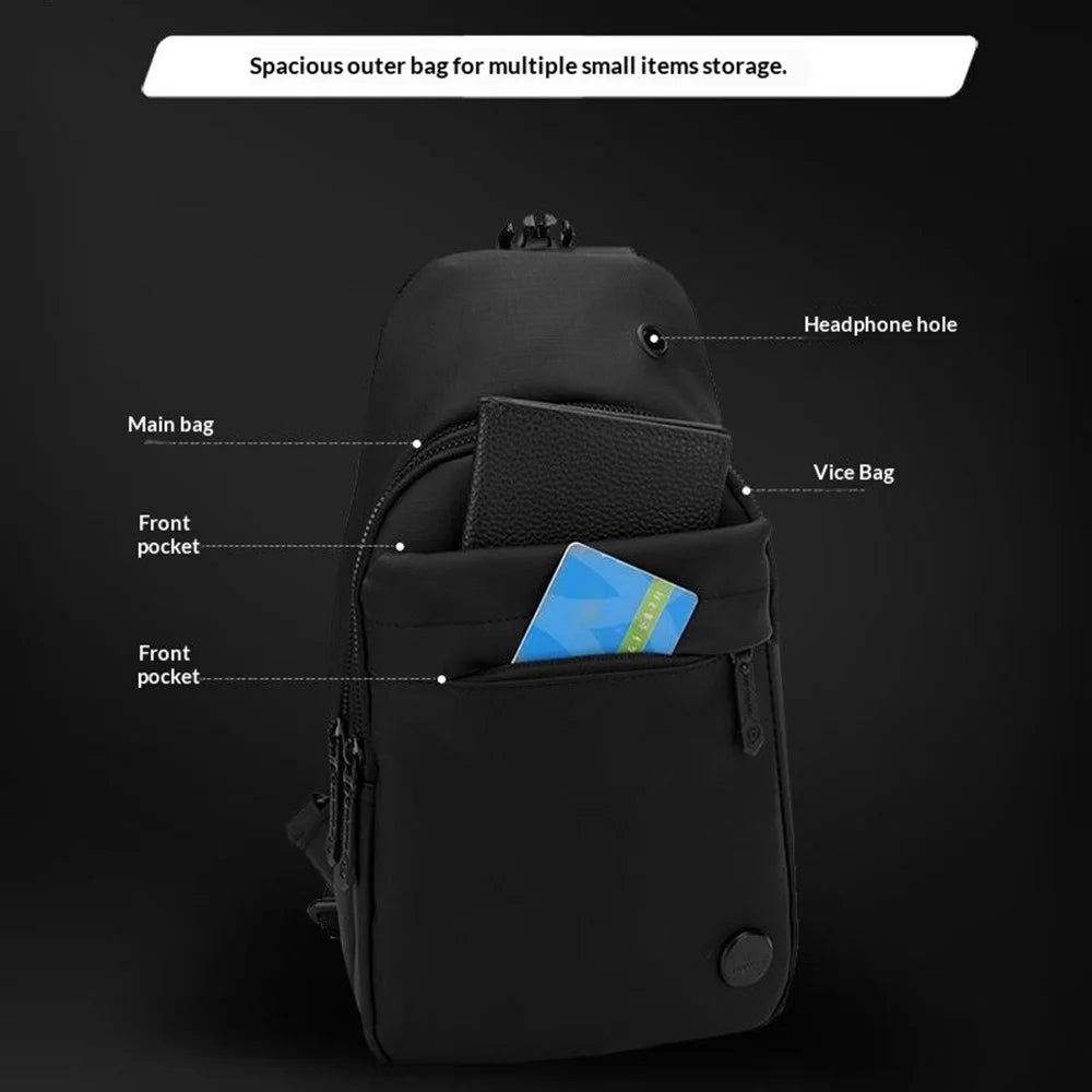 WEPOWER 1323# Lightweight Men Chest Pack Waterproof Single Shoulder Bag with USB Charging Port and Headphone Jack Large Capacity Crossbody Bag - Black - 4