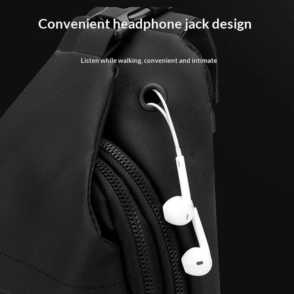 WEPOWER 1323# Lightweight Men Chest Pack Waterproof Single Shoulder Bag with USB Charging Port and Headphone Jack Large Capacity Crossbody Bag - Black - 6