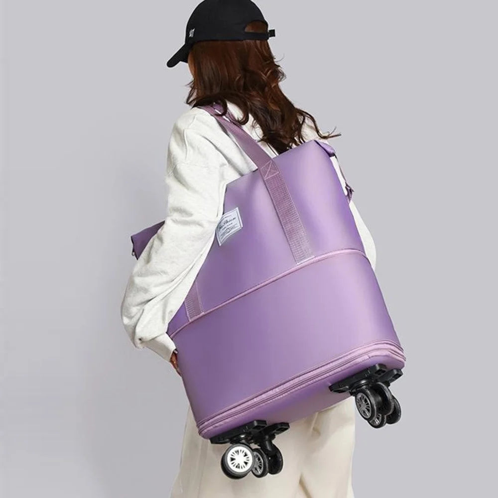 Expandable Travel Duffel Bag with Wheels Large Capacity Luggage Oxford Fabric for Students  /  Business Trips  /  Fitness - Light Purple - 3
