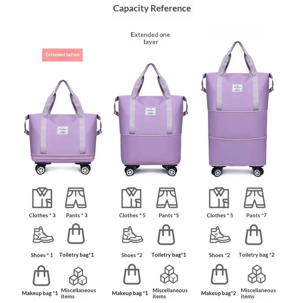 Expandable Travel Duffel Bag with Wheels Large Capacity Luggage Oxford Fabric for Students  /  Business Trips  /  Fitness - Light Purple - 5