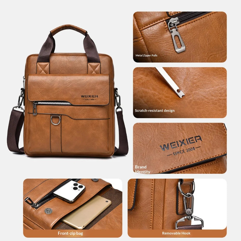 WEIXIER T666 Men's Business Briefcase Bag Large Capacity Vertical Handbag PU Leather Waterproof Computer Bag for 12 inch Laptop - Black - 3