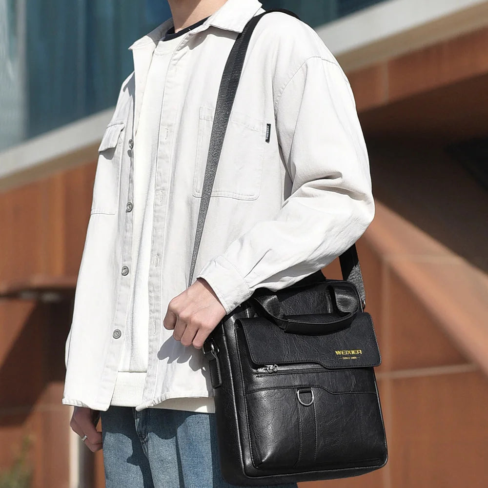WEIXIER T666 Men's Business Briefcase Bag Large Capacity Vertical Handbag PU Leather Waterproof Computer Bag for 12 inch Laptop - Black - 5