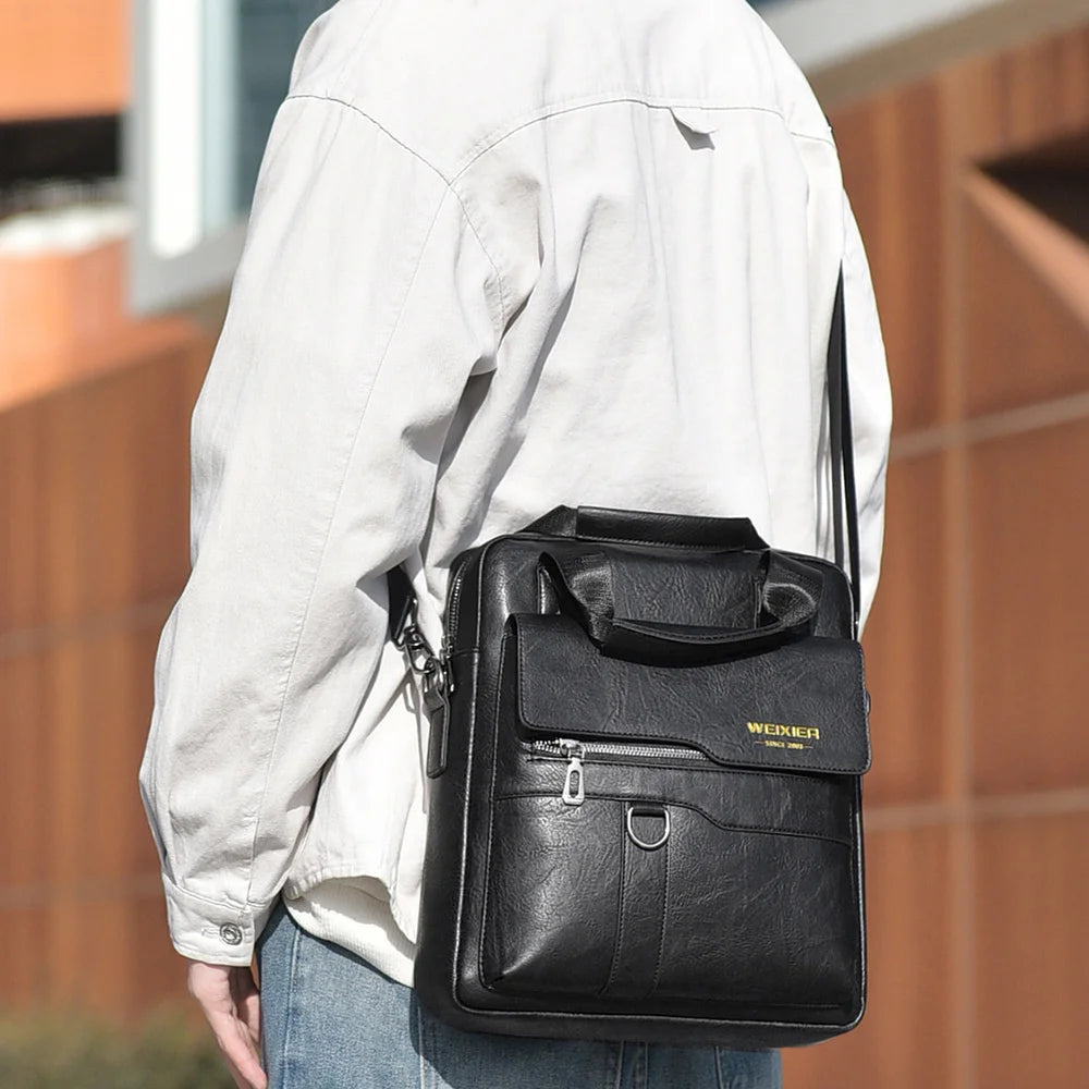 WEIXIER T666 Men's Business Briefcase Bag Large Capacity Vertical Handbag PU Leather Waterproof Computer Bag for 12 inch Laptop - Black - 7
