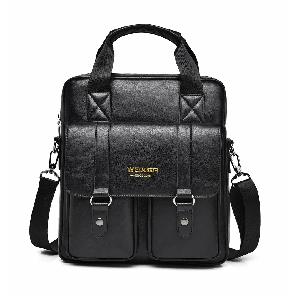 WEIXIER T667 Men Business Briefcase Large Capacity 12 inch Vertical Laptop Bag PU Leather Commuter Handbag - Black - 1