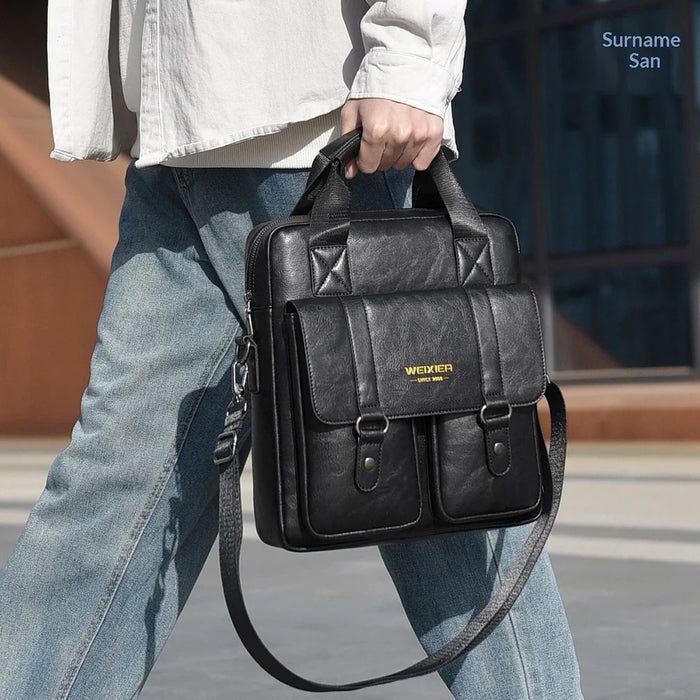 WEIXIER T667 Men Business Briefcase Large Capacity 12 inch Vertical Laptop Bag PU Leather Commuter Handbag - Black - 3