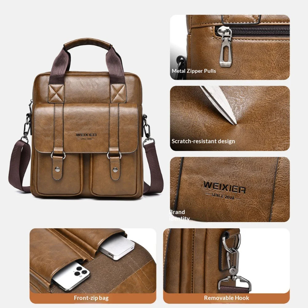 WEIXIER T667 Men Business Briefcase Large Capacity 12 inch Vertical Laptop Bag PU Leather Commuter Handbag - Black - 4