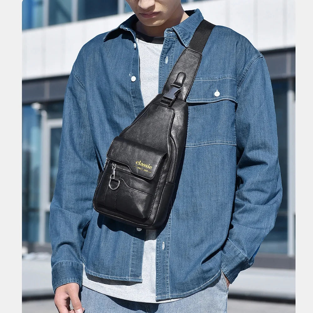 WEIXIER X441 Crossbody Chest Bag Men Vintage Shoulder Bag Large Capacity Waterproof Sling Bag - Black - 2