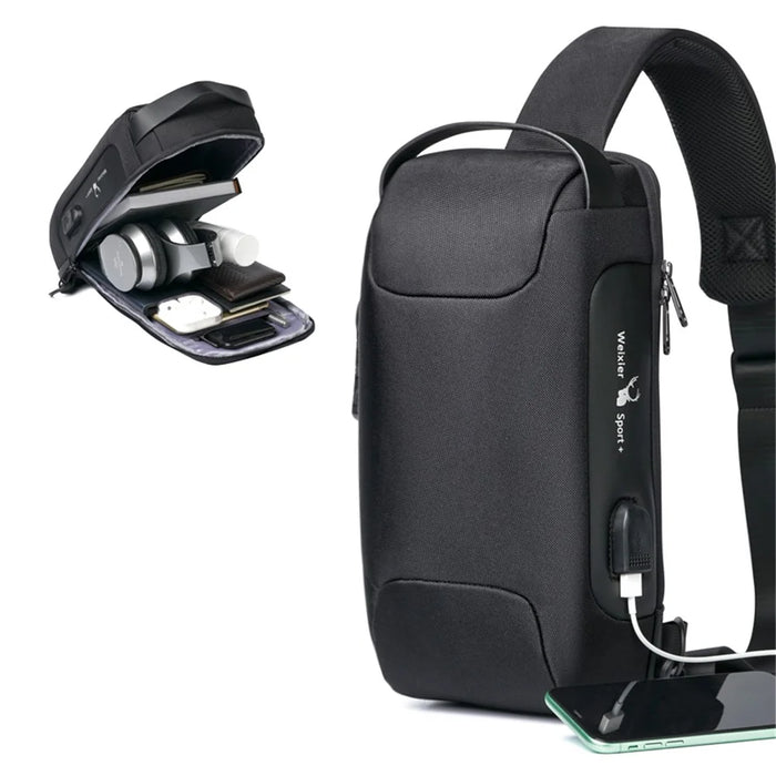 WEIXIER 9530 Men's Chest Bag Sling Bag with USB Charging Port Waterproof Crossbody Daypack Shoulder Bag Travel Storage Bag - Black - 4
