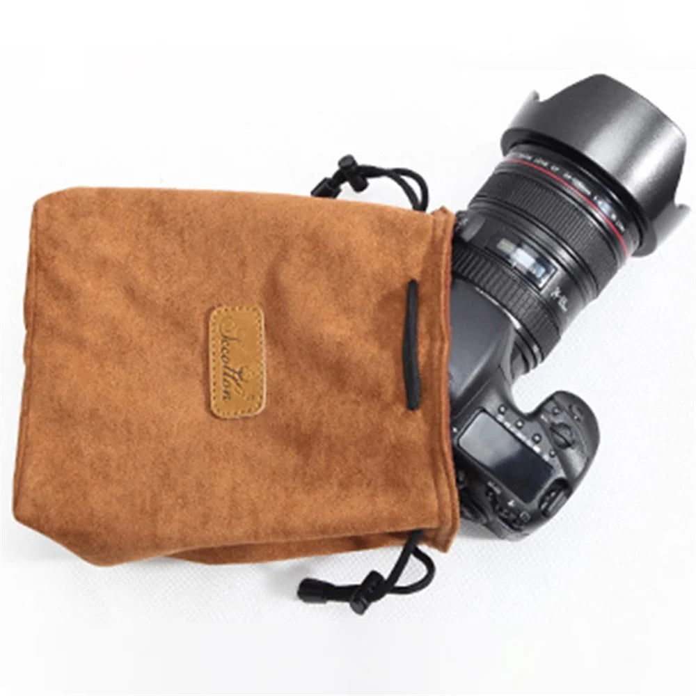 JCCOTTON FB-00001 For Canon Nikon Sony Wear-resistant Drawstring Bag Camera Lens Protection Sleeve Pouch, Size: M - Brown - 3
