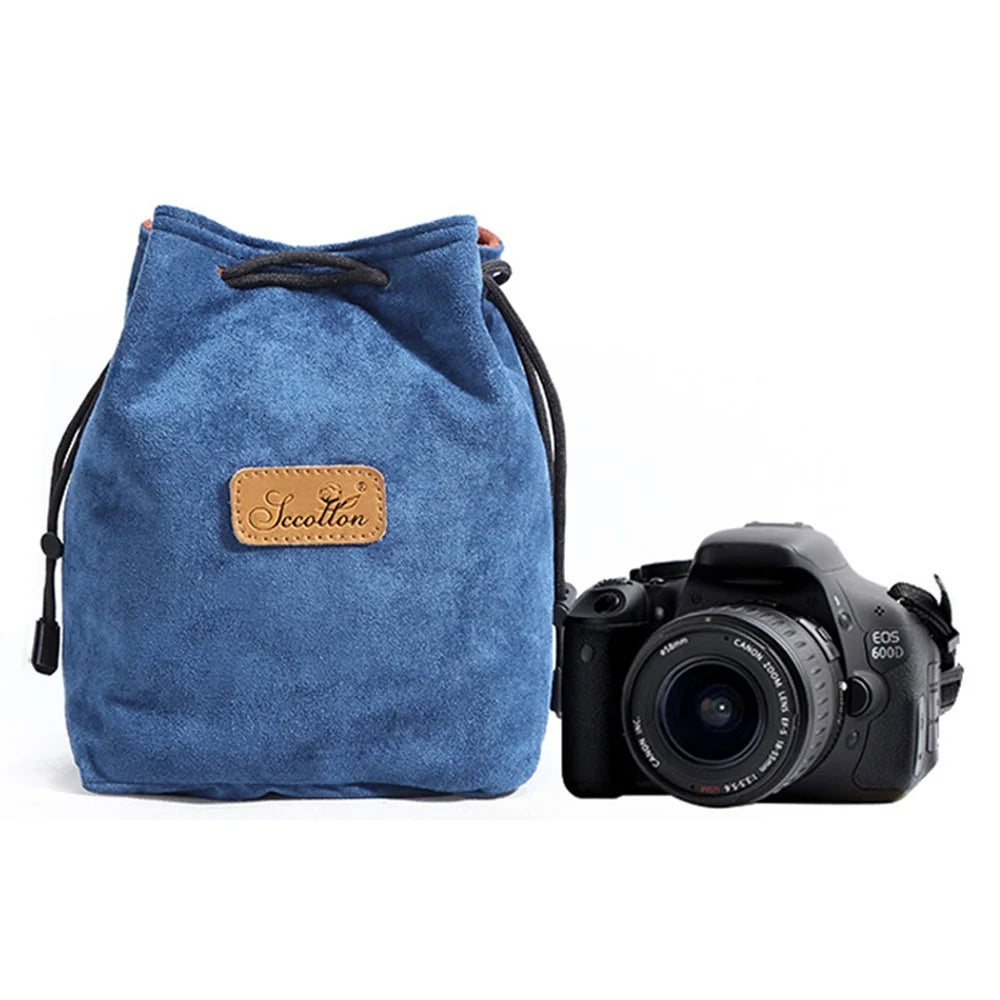 JCCOTTON FB-00001 Anti-scratch Drawstring Lens Carrying Bag for Canon Nikon DSLR Camera Storage Bag, Square/Size M - Blue - 1