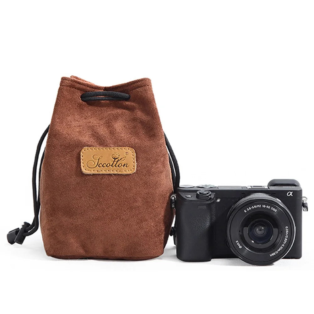 JCCOTTON FB-00001 for Canon Nikon DSLR Camera Bag  Shockproof Drawstring Lens Carrying Bag, Square/Size S - Brown - 1