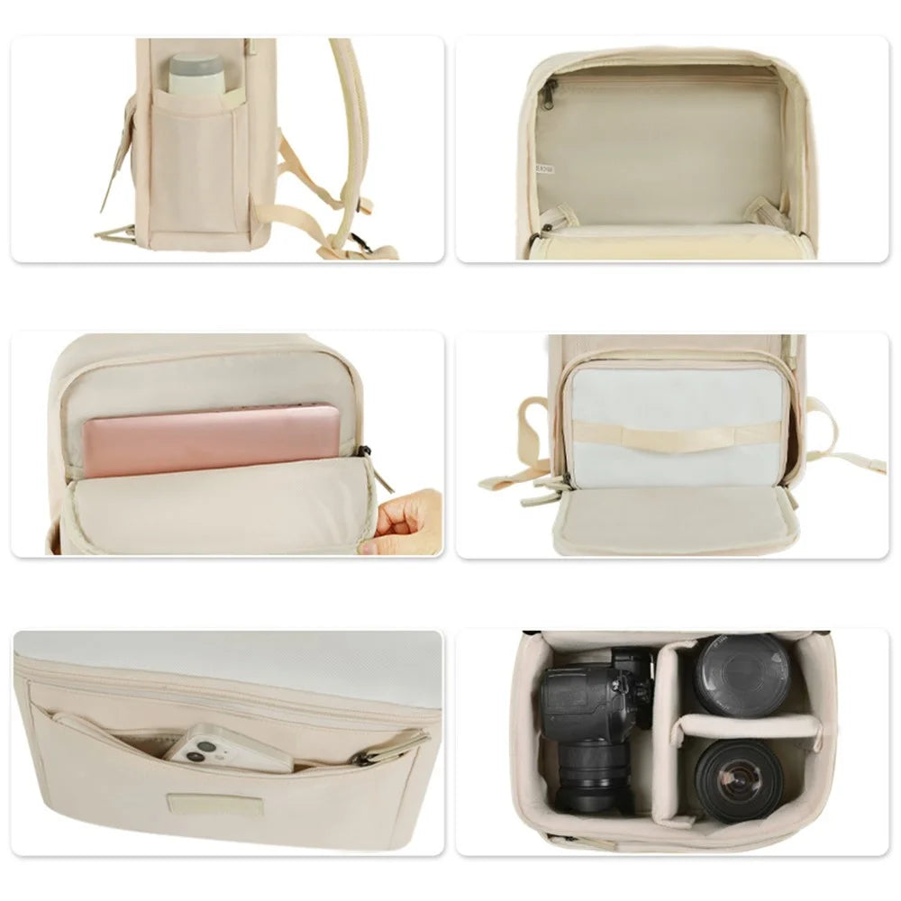 CWATCUN SLR Camera Shoulder Bag 15.6-inch Laptop Backpack with Tote Liner Bag - Beige - 4