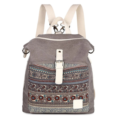 CANVASARTISAN T29-3 Ethnic Style Canvas Backpack School Bag Travel Daypack Shoulders Bag - Light Grey - 1