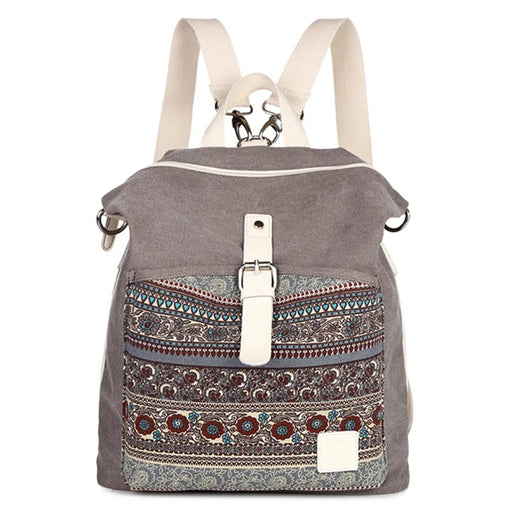 CANVASARTISAN T29-3 Ethnic Style Canvas Backpack School Bag Travel Daypack Shoulders Bag - Light Grey - 1