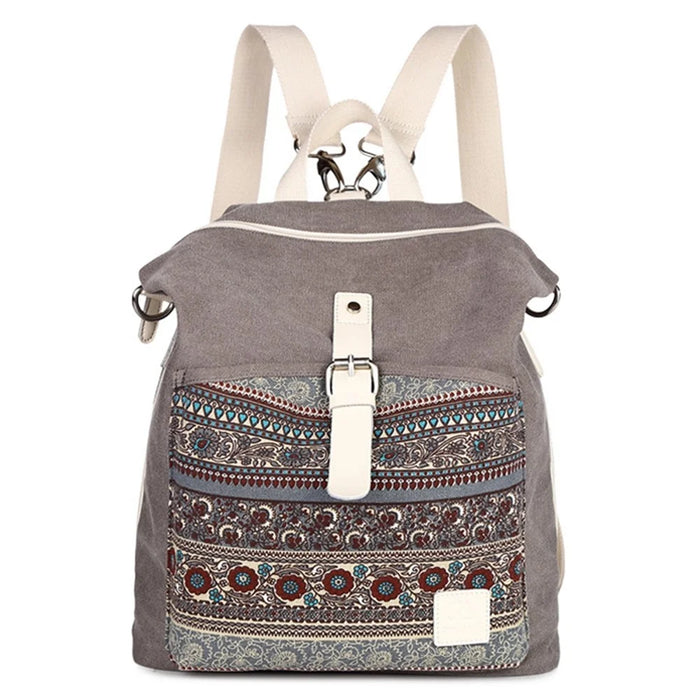 CANVASARTISAN T29-3 Ethnic Style Canvas Backpack School Bag Travel Daypack Shoulders Bag - Light Grey - 1