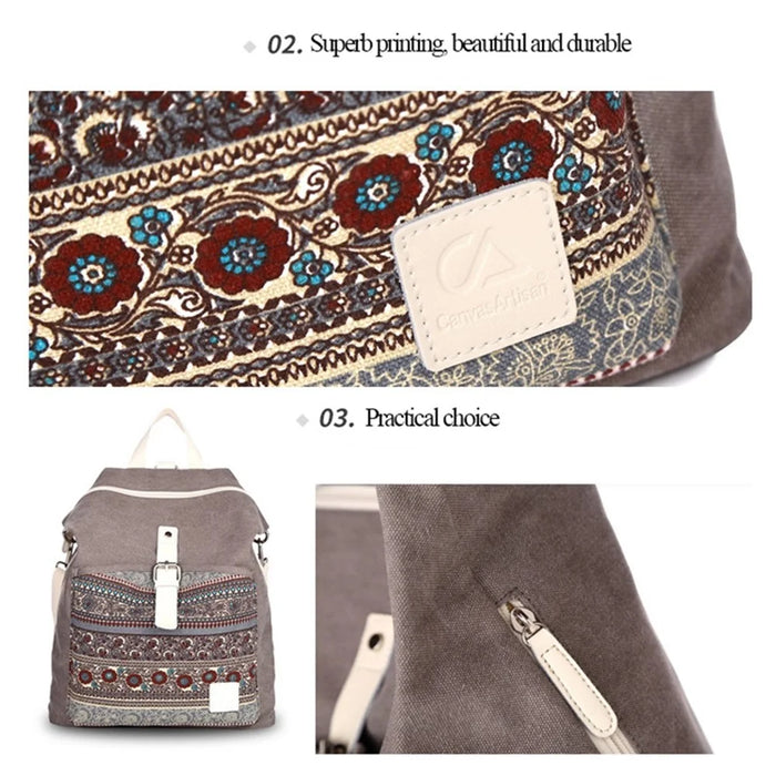 CANVASARTISAN T29-3 Ethnic Style Canvas Backpack School Bag Travel Daypack Shoulders Bag - Light Grey - 3