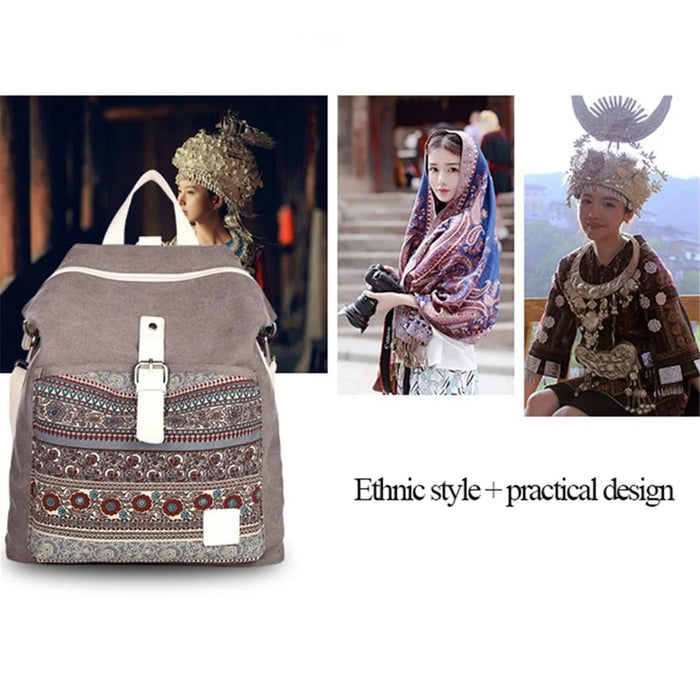 CANVASARTISAN T29-3 Ethnic Style Canvas Backpack School Bag Travel Daypack Shoulders Bag - Light Grey - 6