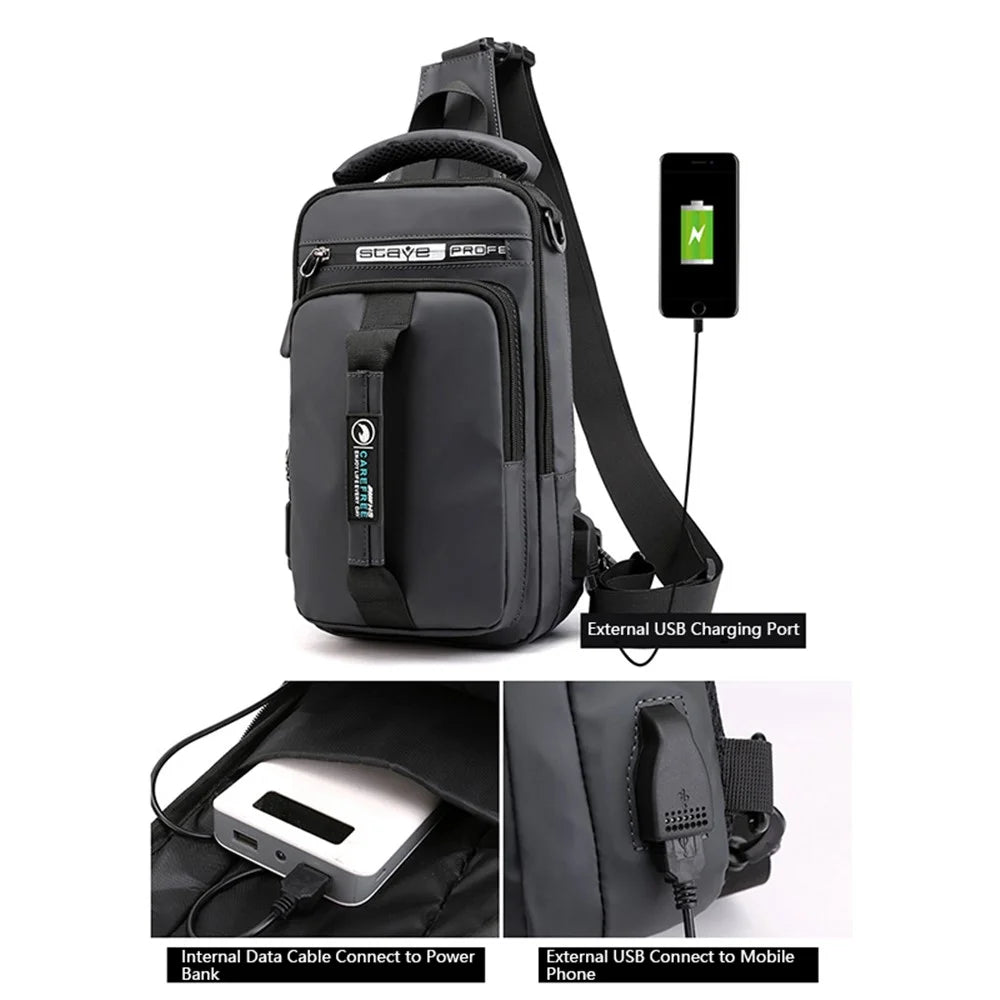 HAOSHUAI 1100-1# Large Men's Waist Pack Nylon Chest Bag Shoulders Backpack Sling Bag with External USB Charging Port - Grey - 5