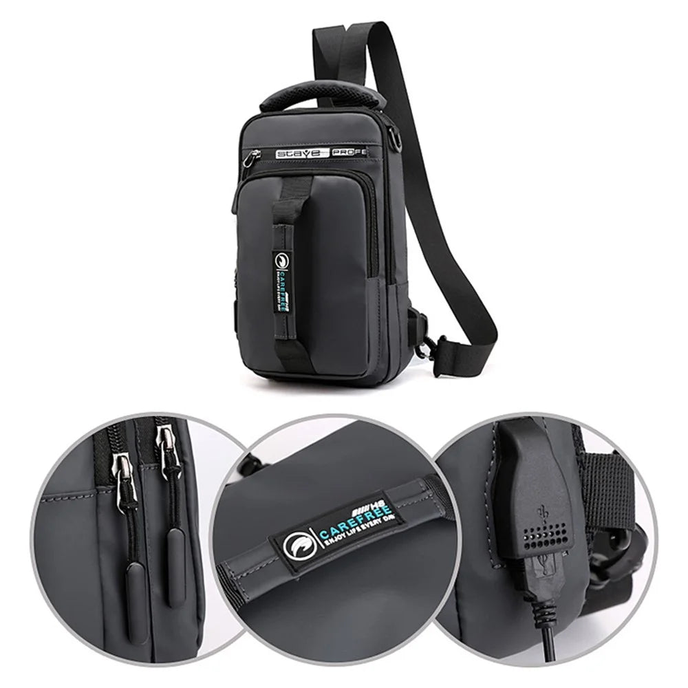 HAOSHUAI 1100-1# Large Men's Waist Pack Nylon Chest Bag Shoulders Backpack Sling Bag with External USB Charging Port - Grey - 7