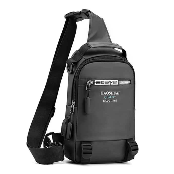 HAOSHUAI 1100-12# Men's Chest Bag Large Nylon Shoulders Backpack Outdoor Sling Bag with External USB Charging Port - Grey - 1